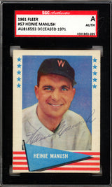 Heinie Manush Autographed 1961 Fleer Card #57 Washington Senators SGC #AU816593