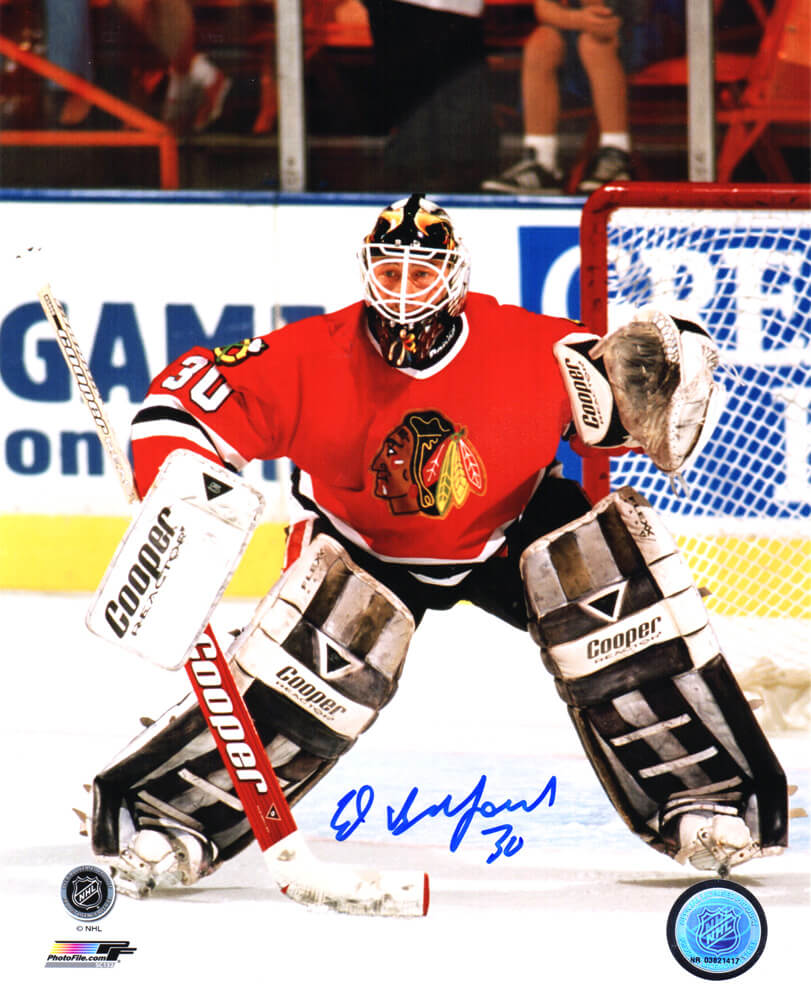 Ed Belfour Signed Chicago Blackhawks Hockey Goalie Action 8x10 Photo