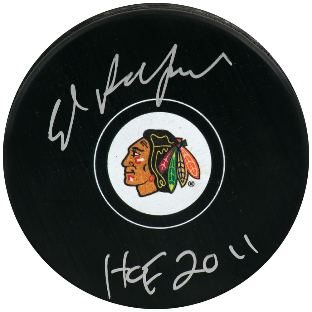 Ed Belfour Signed Chicago Blackhawks Logo Hockey Puck w/HOF 2011