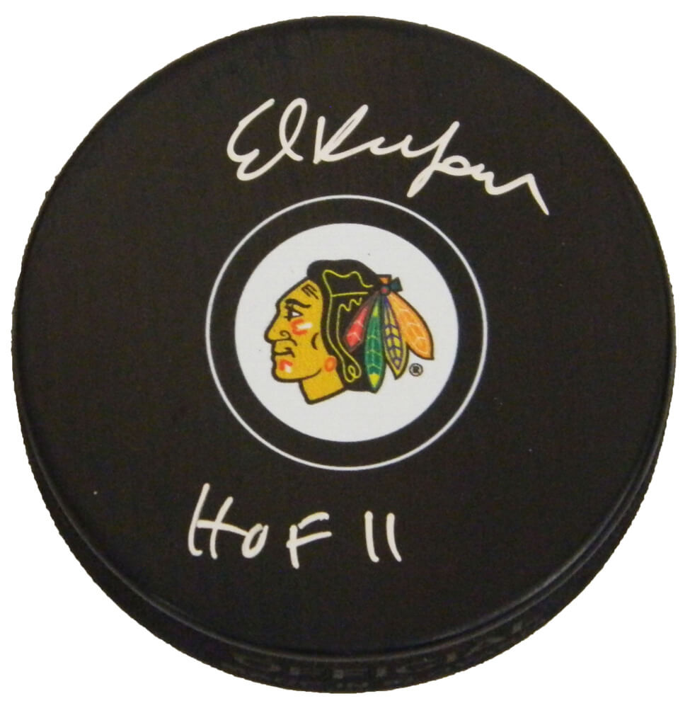 Ed Belfour Signed Chicago Blackhawks Logo Hockey Puck w/HOF 11