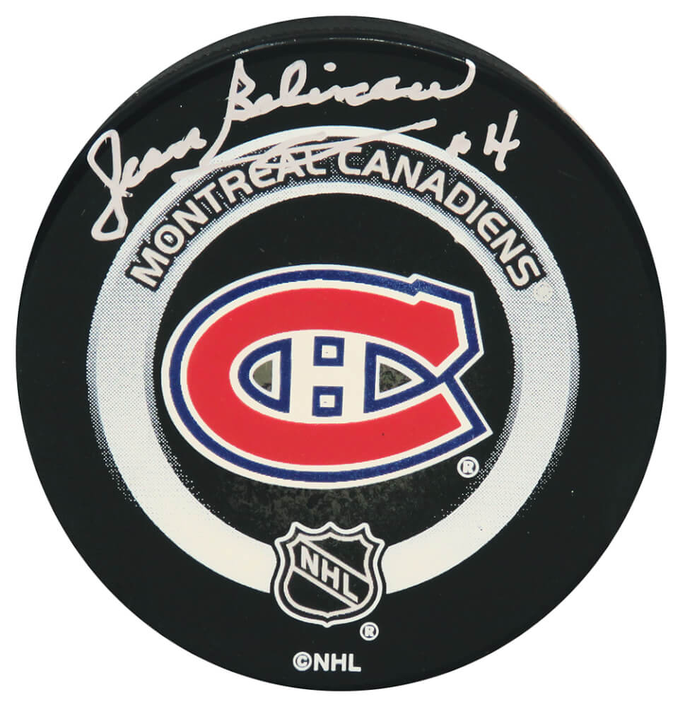 Jean Beliveau Signed Montreal Canadiens Team Logo Game Hockey Puck - (BECKETT COA)