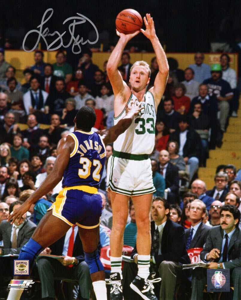 Larry Bird Signed Boston Celtics Shooting Over Magic Johnson 8x10 Photo