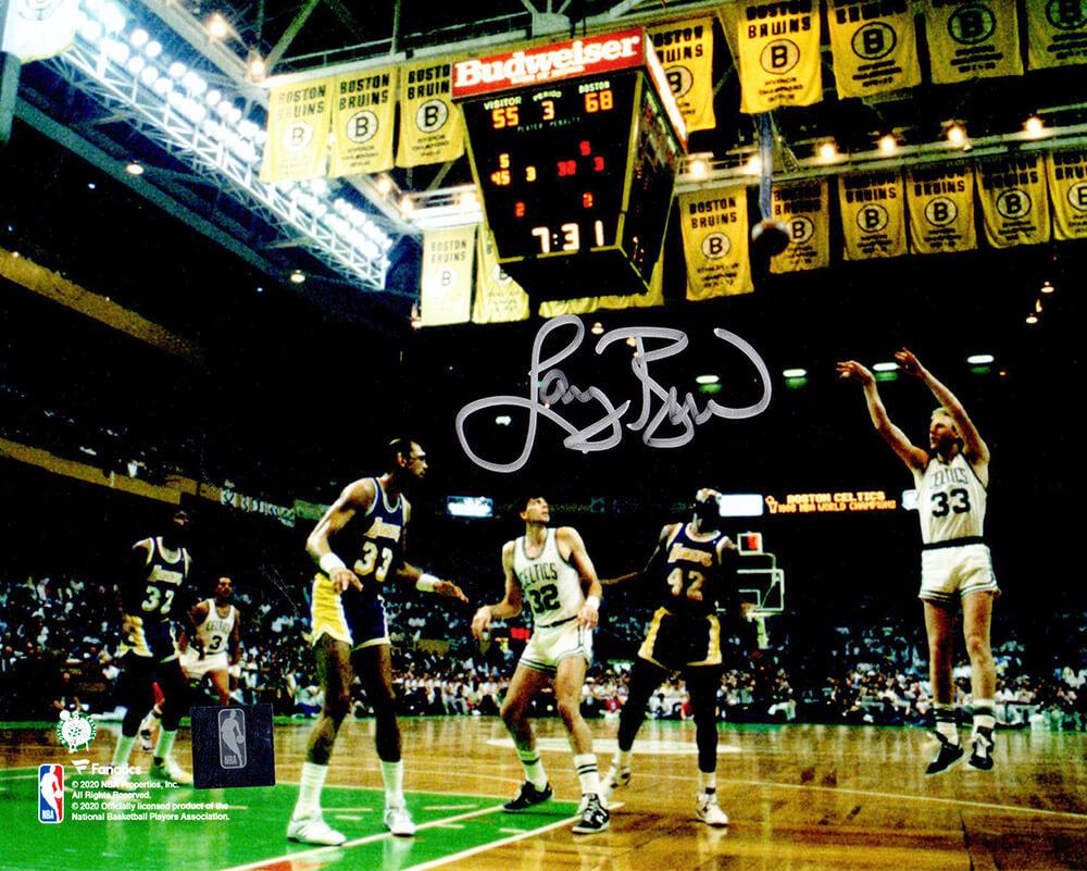 Larry Bird Signed Boston Celtics 3-Pt Shot vs Lakers Action 8x10 Photo