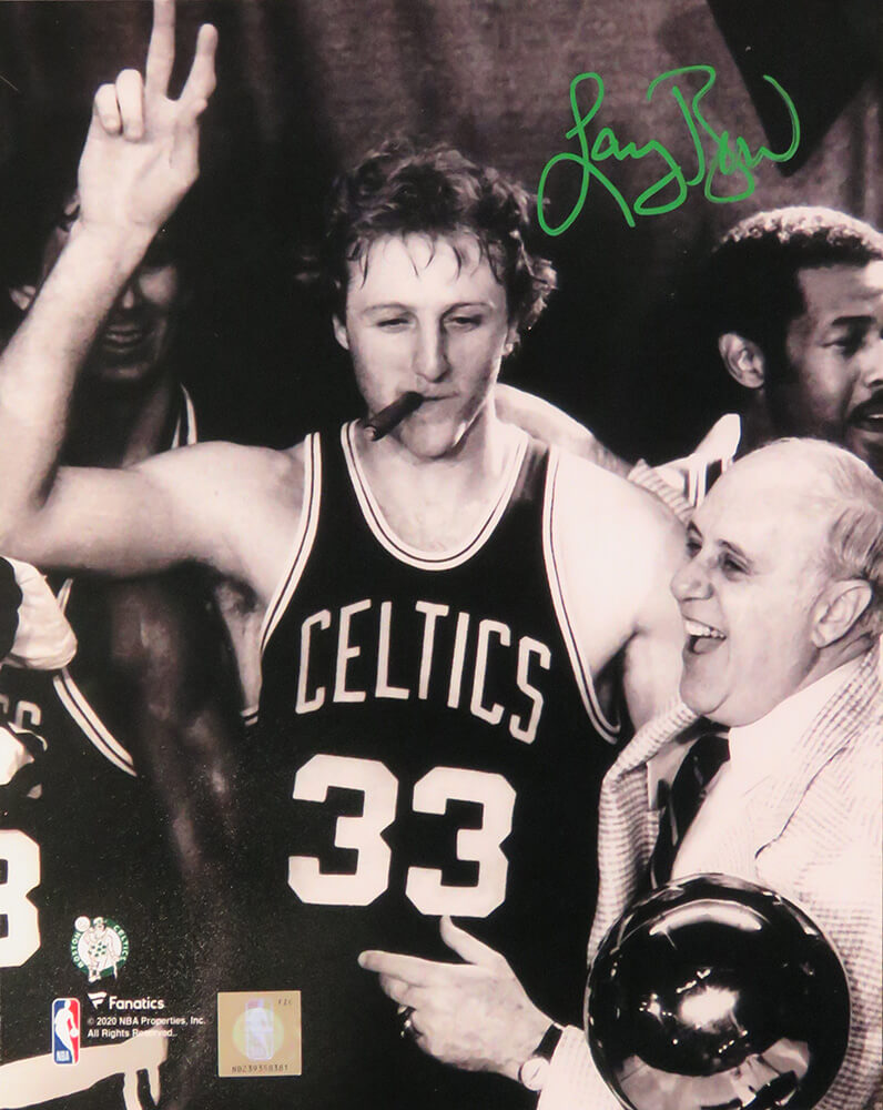 Larry Bird Signed Boston Celtics Cigar Celebration With Red Auerbach B&W 8x10 Photo