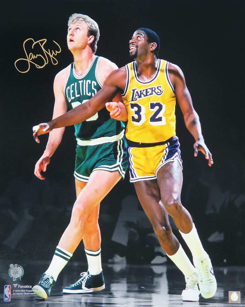 Larry Bird Signed Celtics Action With Magic Johnson Spotlight 16x20 Photo