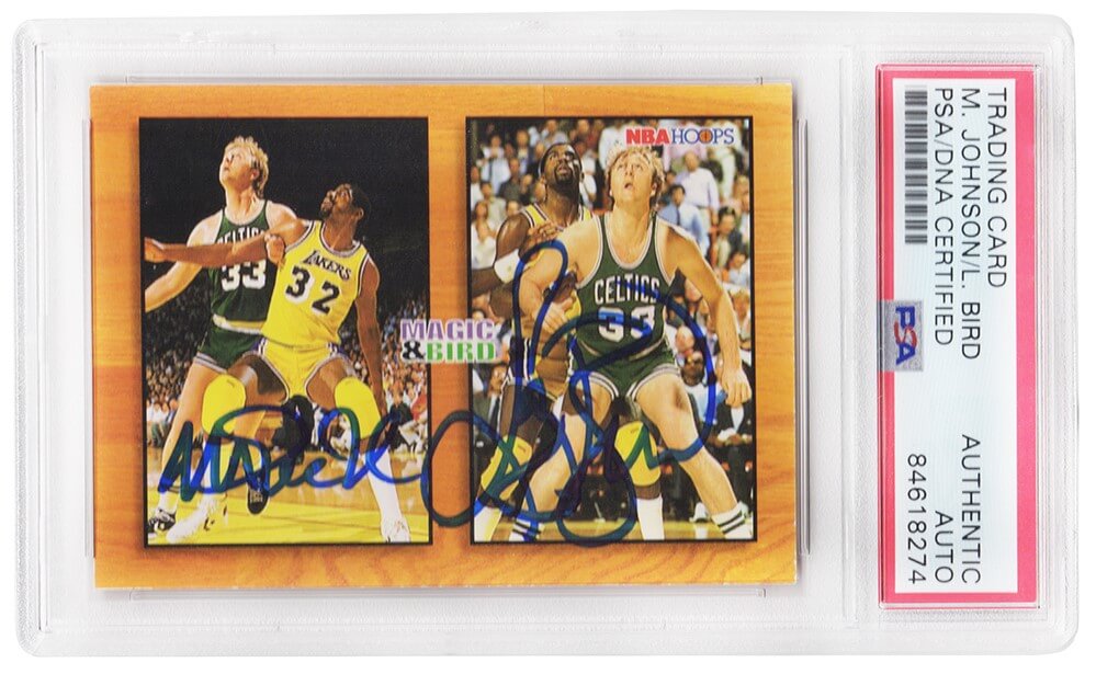 Larry Bird & Magic Johnson Dual Signed Celtics / Lakers 1994 NBA Hoops Card #MB1 - (PSA Encapsulated)