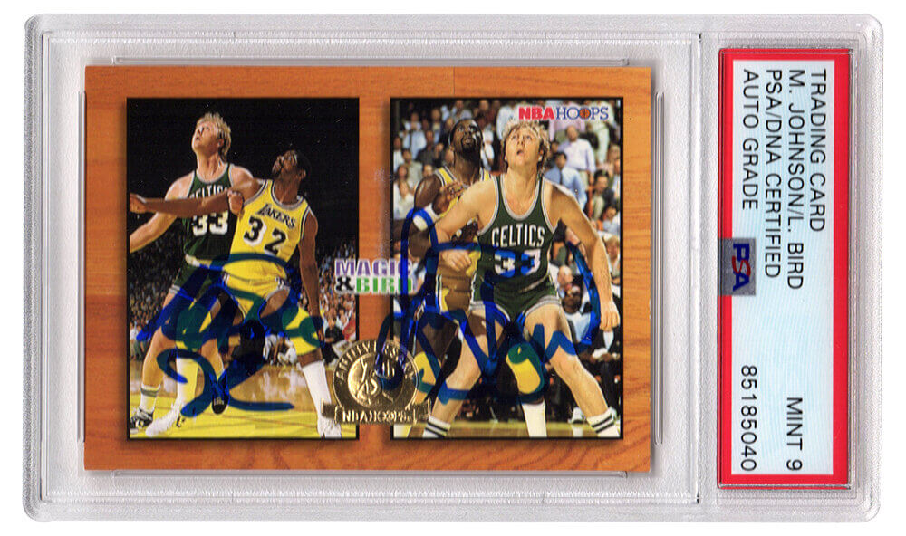 Larry Bird & Magic Johnson Signed Celtics / Lakers 1994 NBA Hoops Card (5th Anniversary) #MB1 - (PSA Encapsulated / Auto Grade 9)