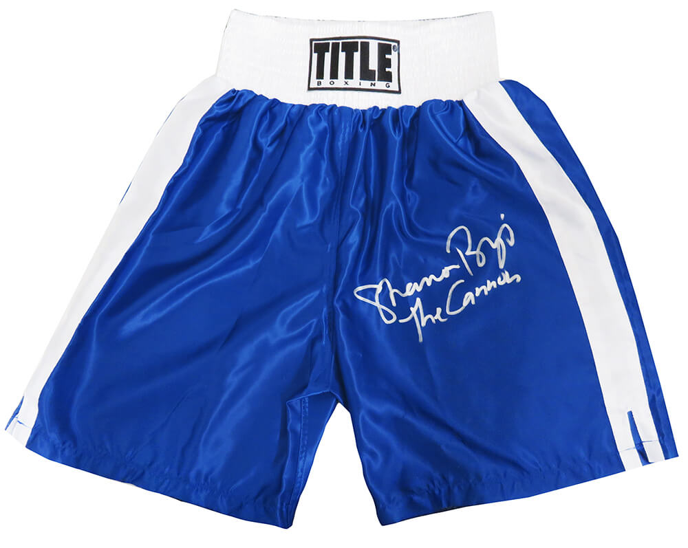 Shannon Briggs Signed Title Blue With White Trim Boxing Trunks w/The Cannon