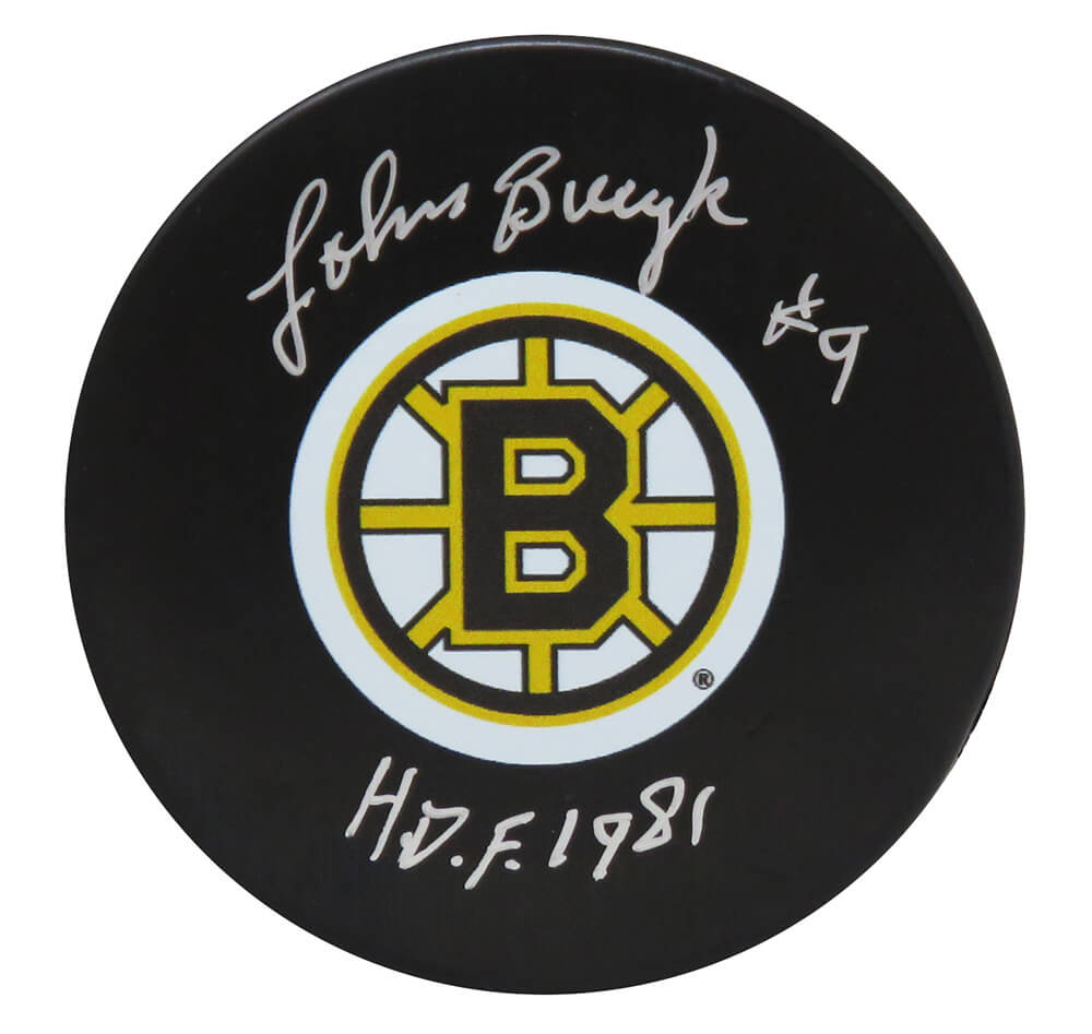 Johnny Bucyk Signed Bruins Logo Hockey Puck w/HOF 1981