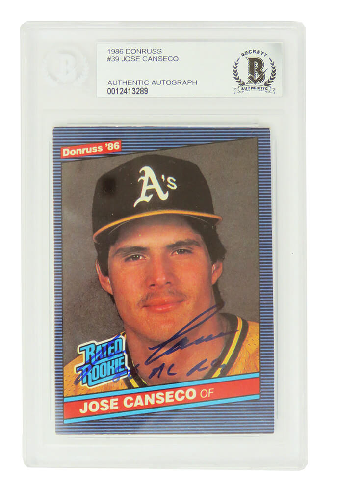 Jose Canseco Signed Oakland A's (Athletics) 1986 Donruss Rookie Card #39 w/86 AL ROY - (Beckett Encapsulated)