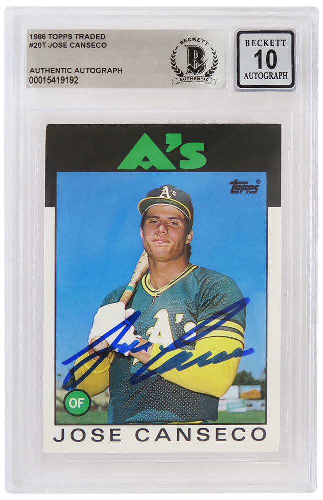 Jose Canseco Signed Oakland A's (Athletics) 1986 Topps Traded Rookie Card #20T - (Beckett - Auto Grade 10)