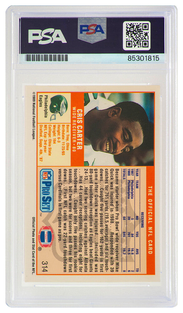 Cris Carter Signed Eagles 1989 Pro Set Rookie Football Card #314 (PSA Encapsulated)