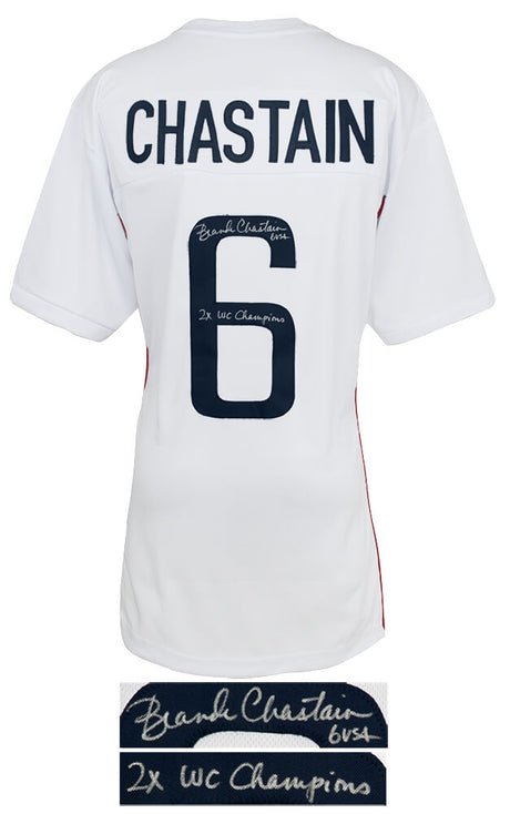 Brandi Chastain Signed White Custom Soccer Jersey w/2x WC Champs