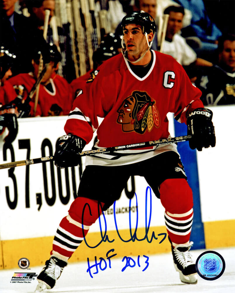 Chris Chelios Signed Chicago Blackhawks Action 8x10 Photo w/HOF 2013