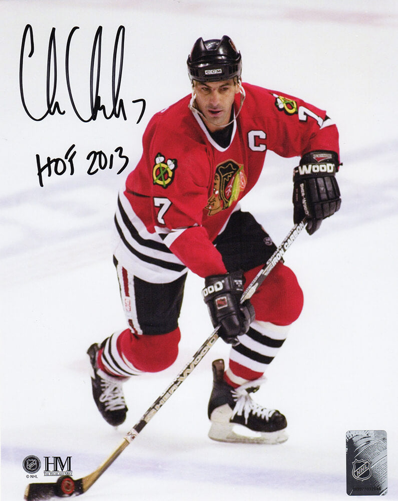 Chris Chelios Signed Chicago Blackhawks With Puck Action 8x10 Photo w/HOF 2013