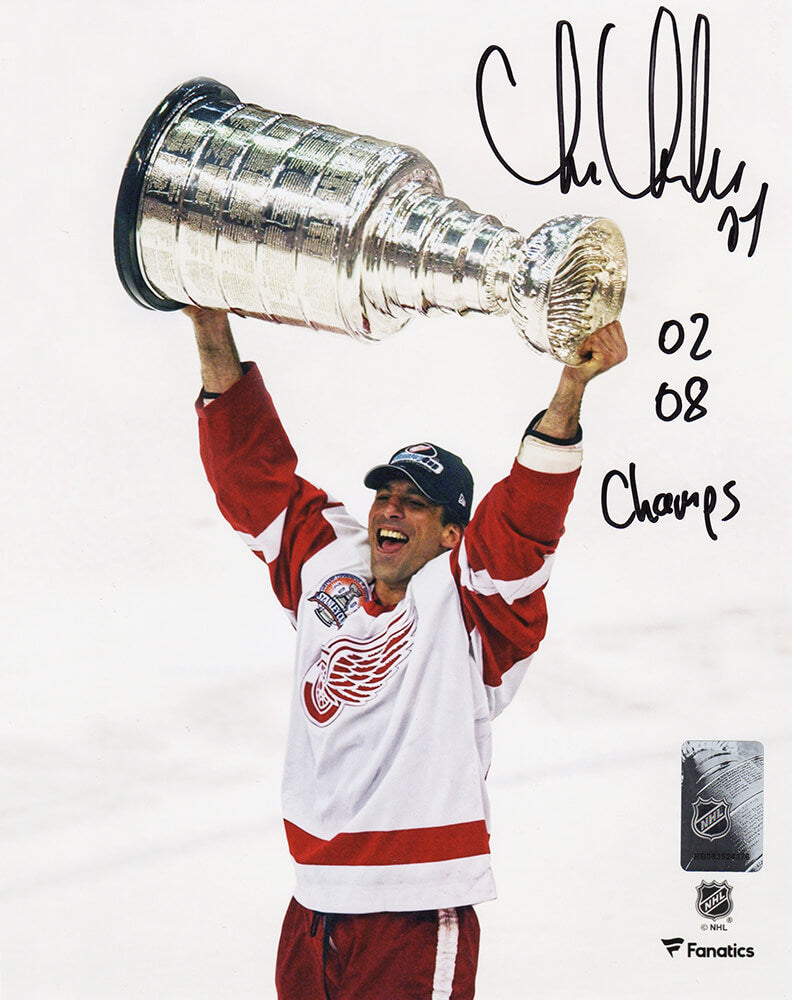 Chris Chelios Signed Detroit Red Wings Holding Stanley Cup 8x10 Photo w/02, 08 Champs