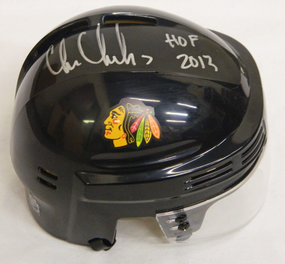 Chris Chelios Signed Blackhawks Black Hockey Mini Helmet w/HOF 2013