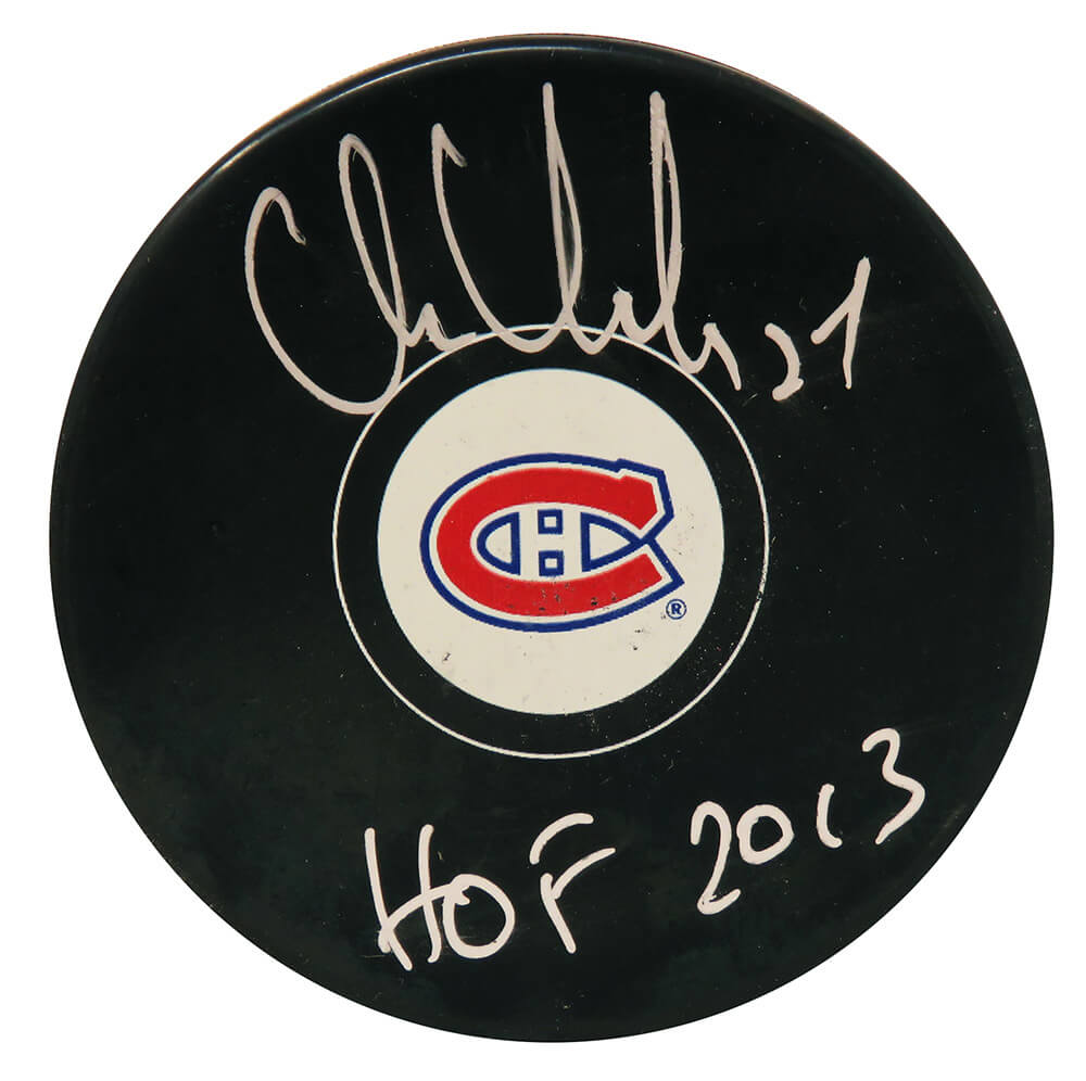 Chris Chelios Signed Montreal Canadiens Logo Hockey Puck w/HOF 2013