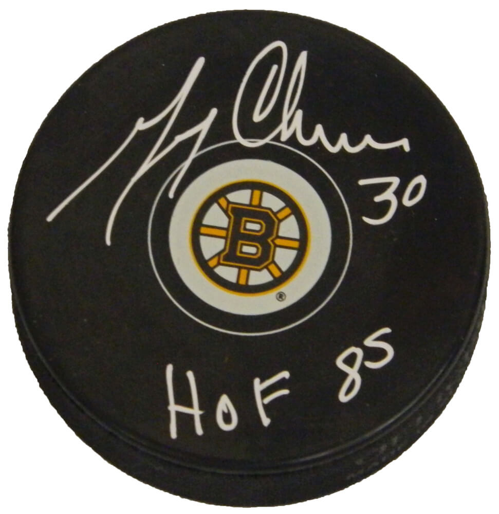 Gerry Cheevers Signed Boston Bruins Logo Hockey Puck w/HOF 85