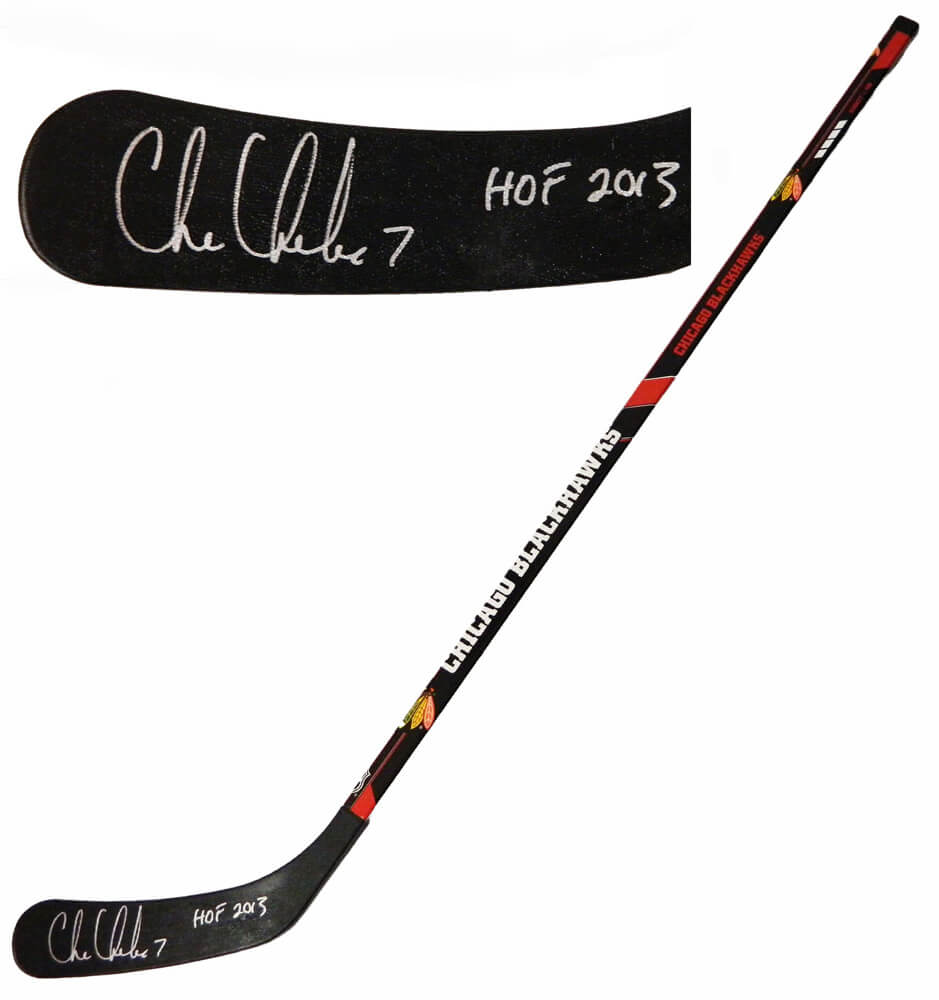 Chris Chelios Signed Chicago Blackhawks Logo 48 Inch Full Size Hockey Stick w/HOF 2013