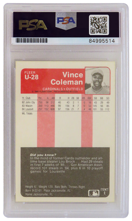 Vince Coleman Signed St. Louis Cardinals 1985 Fleer Update Rookie Baseball Card #U-28 - (PSA Encapsulated)