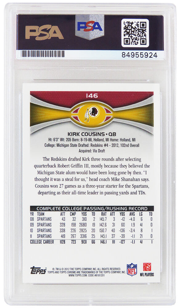 Kirk Cousins Signed 2012 Topps Chrome Rookie Football Trading Card #146 - (PSA/DNA / Auto Grade 10)