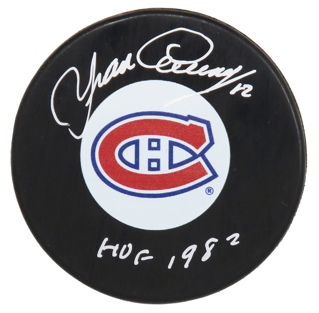 Yvan Cournoyer Signed Montreal Canadiens Hockey Puck w/HOF 1982