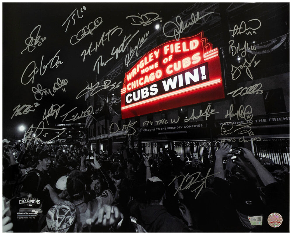 2016 Chicago Cubs Team Signed 2016 World Series Wrigley Field Marquee Spotlight 16x20 Photo (24 Sigs)