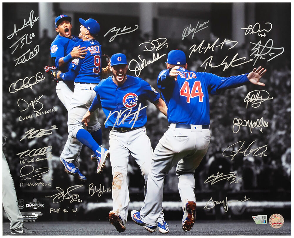 2016 Chicago Cubs Team Signed Cubs 2016 World Series Infielders Celebration Spotlight 16x20 Photo (24 Sigs)