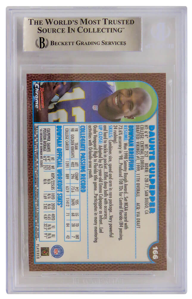 Daunte Culpepper Signed Minnesota Vikings 1999 Bowman Chrome Rookie Football Card #166 - (Beckett Encapsulated)