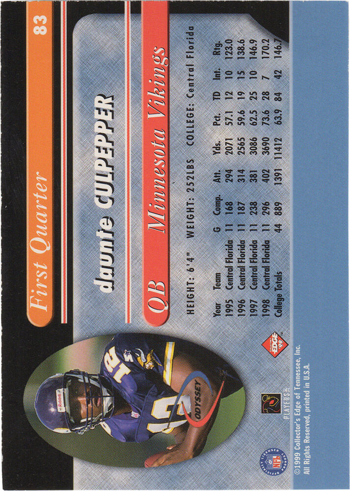 Daunte Culpepper Signed Minnesota Vikings 1999 Edge Odyssey Rookie Football Trading Card #83