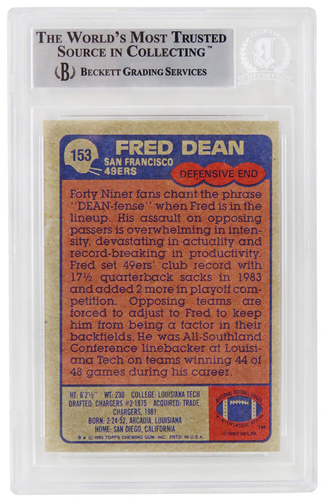 Fred Dean Signed San Francisco 49ers 1985 Topps Football Trading Card #153 w/HOF'08 (Beckett Encapsulated)