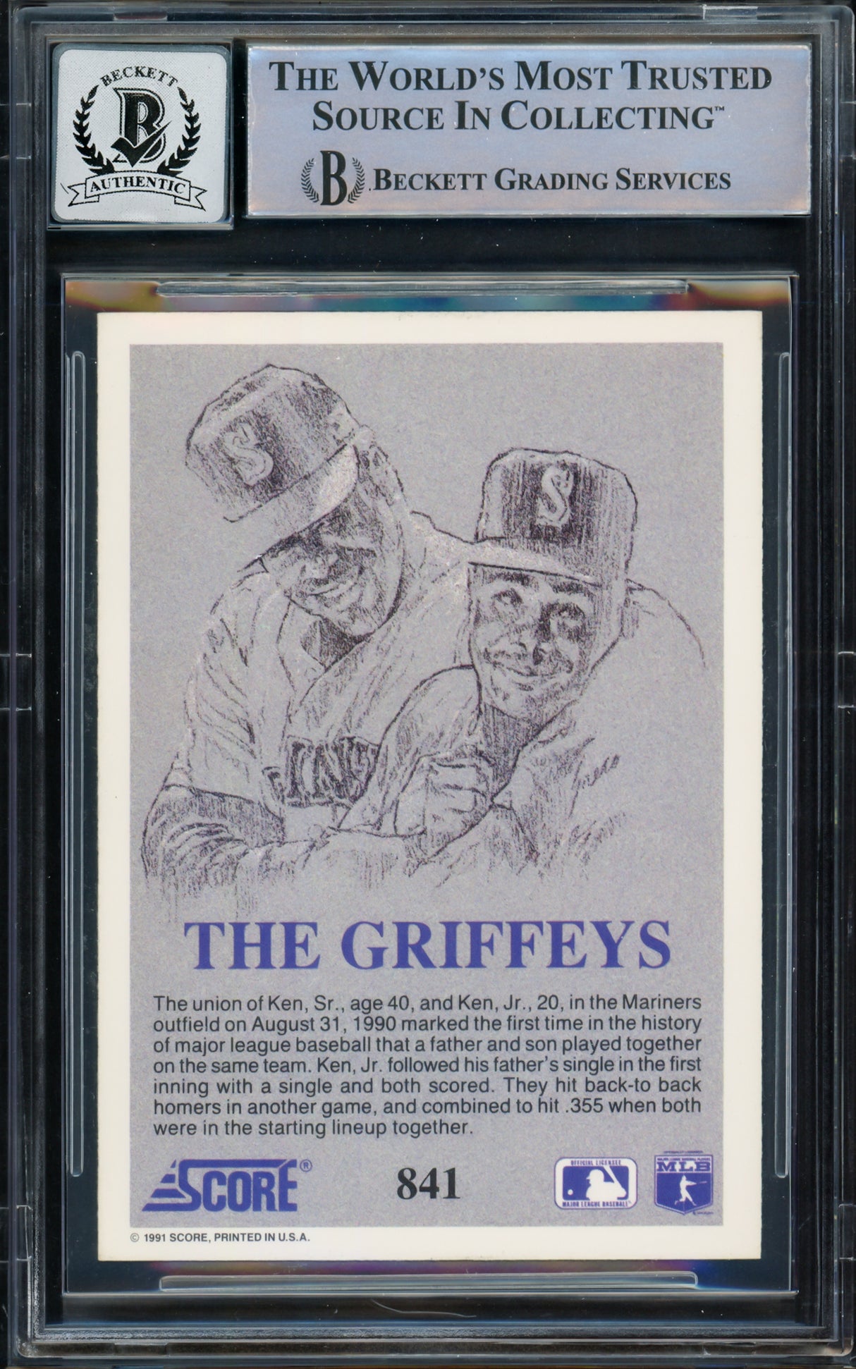 Ken Griffey Jr. & Sr. Autographed 1991 Score Card #841 Seattle Mariners Auto Grade Gem Mint 10 Beckett BAS Stock #220718