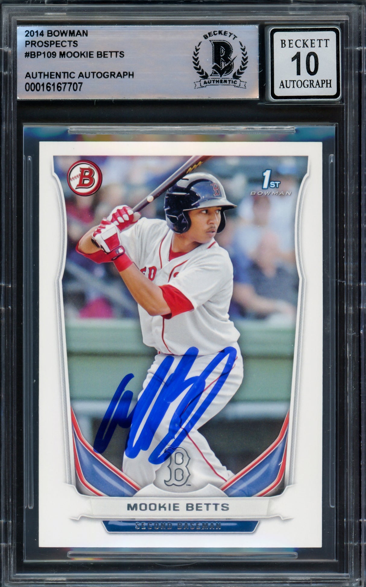 Mookie Betts Autographed 2014 Bowman Prospects Rookie Card #BP109 Boston Red Sox Auto Grade Gem Mint 10 Beckett BAS Stock #220720