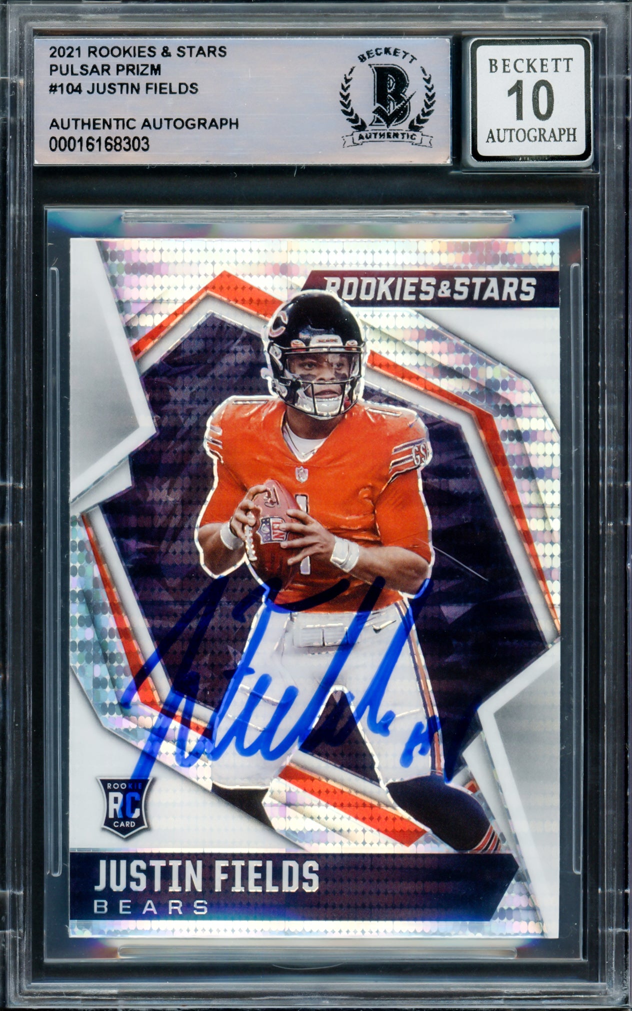 Justin Fields Autographed 2021 Panini Rookie & Stars Pulsar Prizm Rookie Card #104 Chicago Bears Auto Grade Gem Mint 10 Beckett BAS Stock #220726