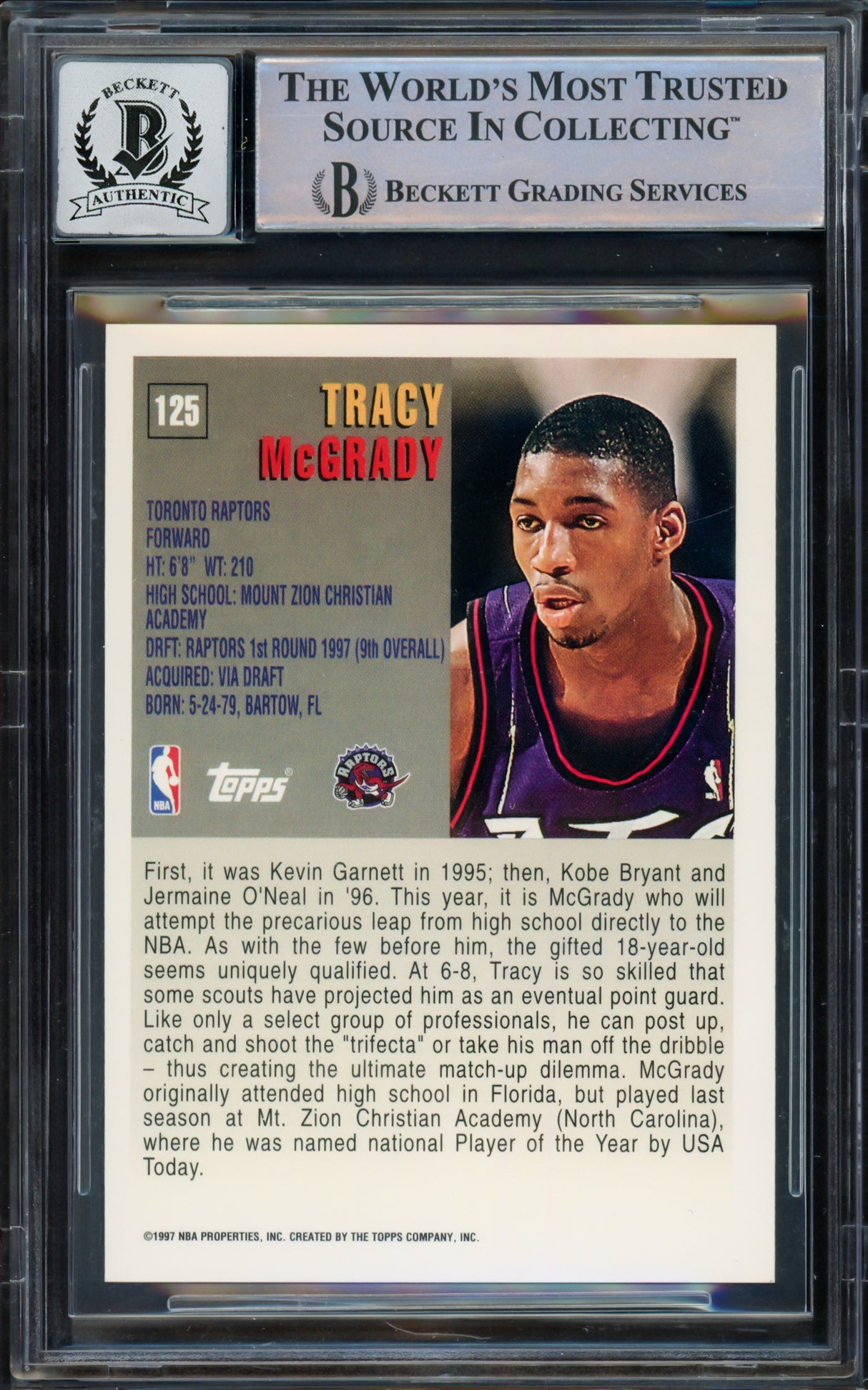 Tracy McGrady Autographed 1997-98 Topps Rookie Card #125 Toronto Raptors Auto Grade Gem Mint 10 Beckett BAS Stock #220737