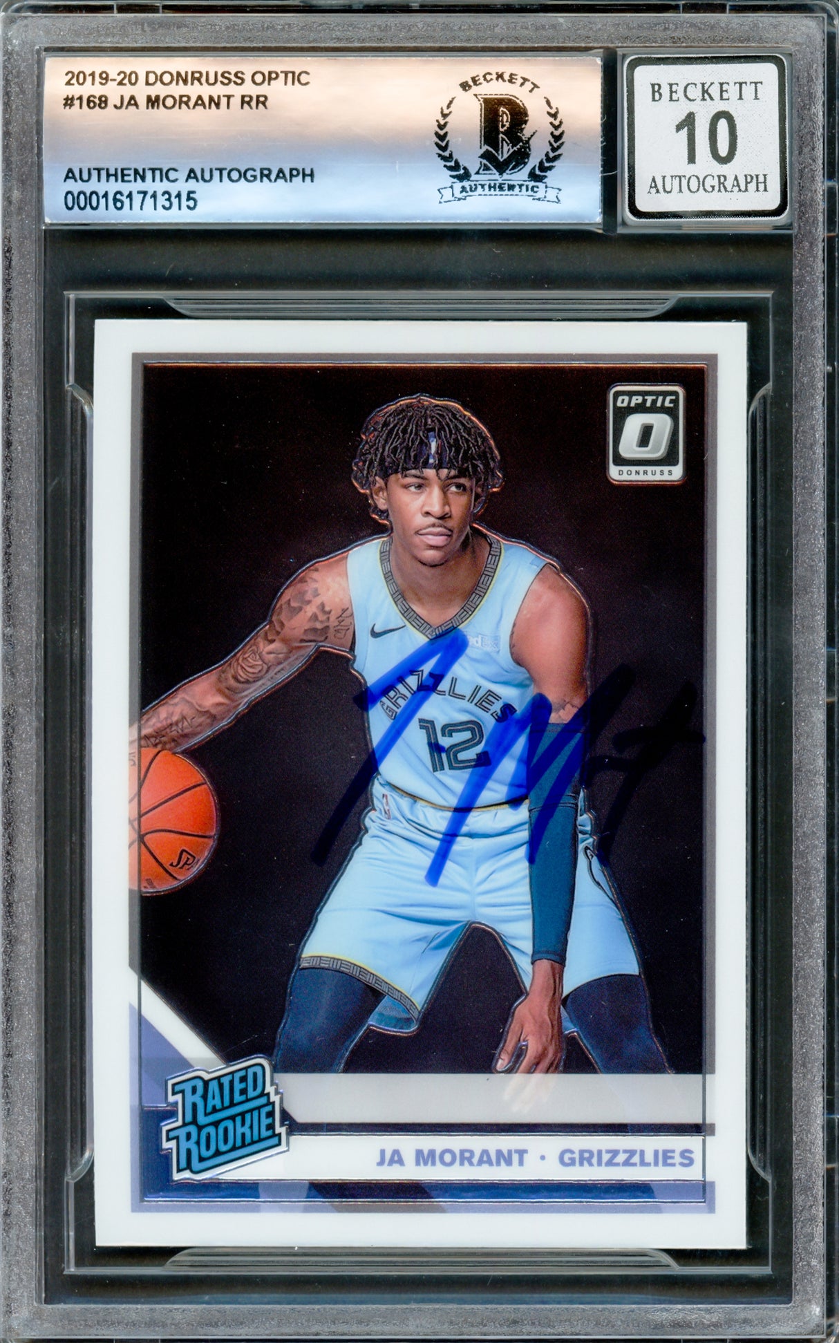 Ja Morant Autographed 2019-20 Donruss Optic Rated Rookies Rookie Card #168 Memphis Grizzlies Auto Grade Gem Mint 10 Beckett BAS Stock #220779