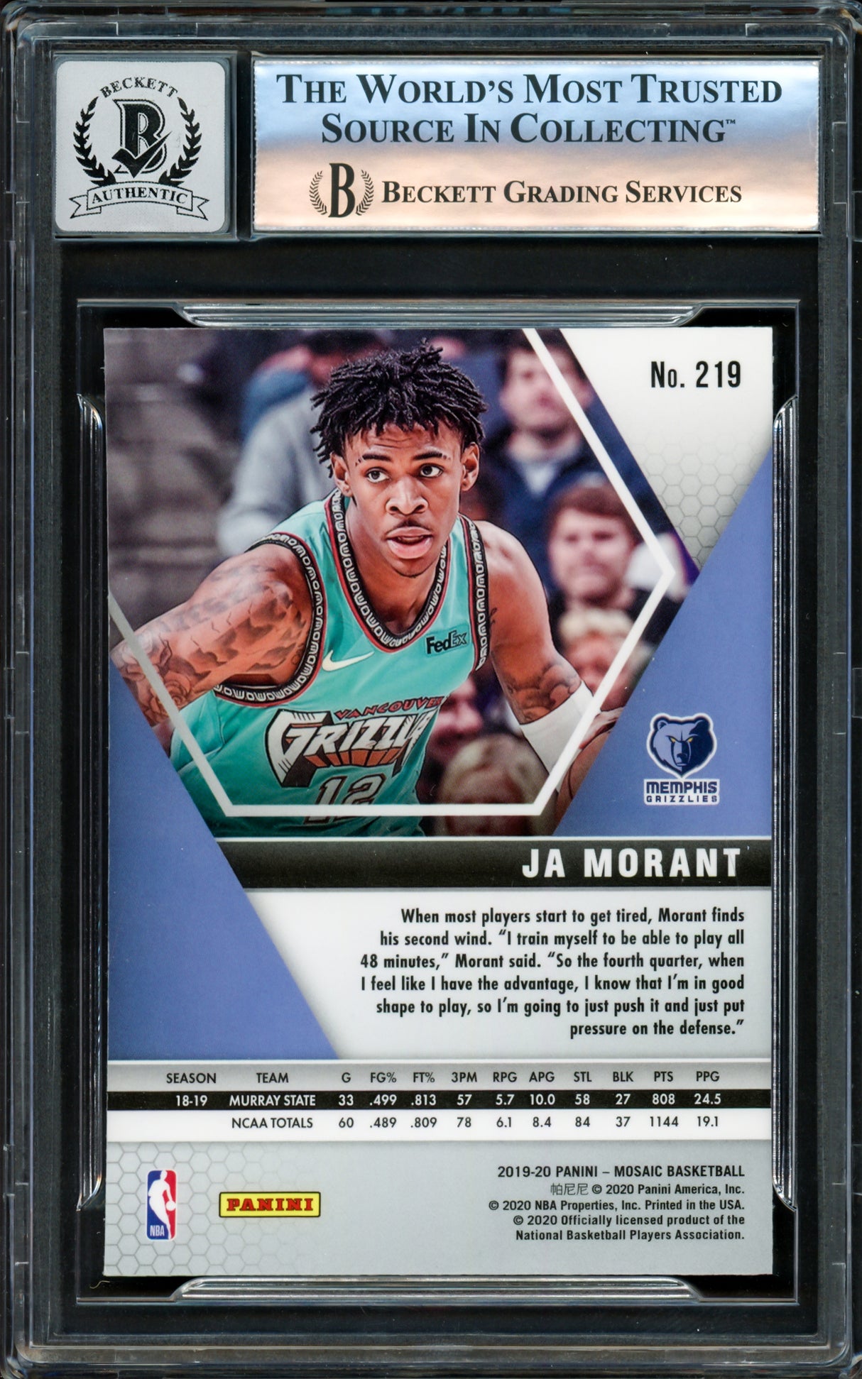 Ja Morant Autographed 2019-20 Panini Mosaic Rookie Card #219 Memphis Grizzlies Auto Grade Gem Mint 10 Beckett BAS Stock #220781