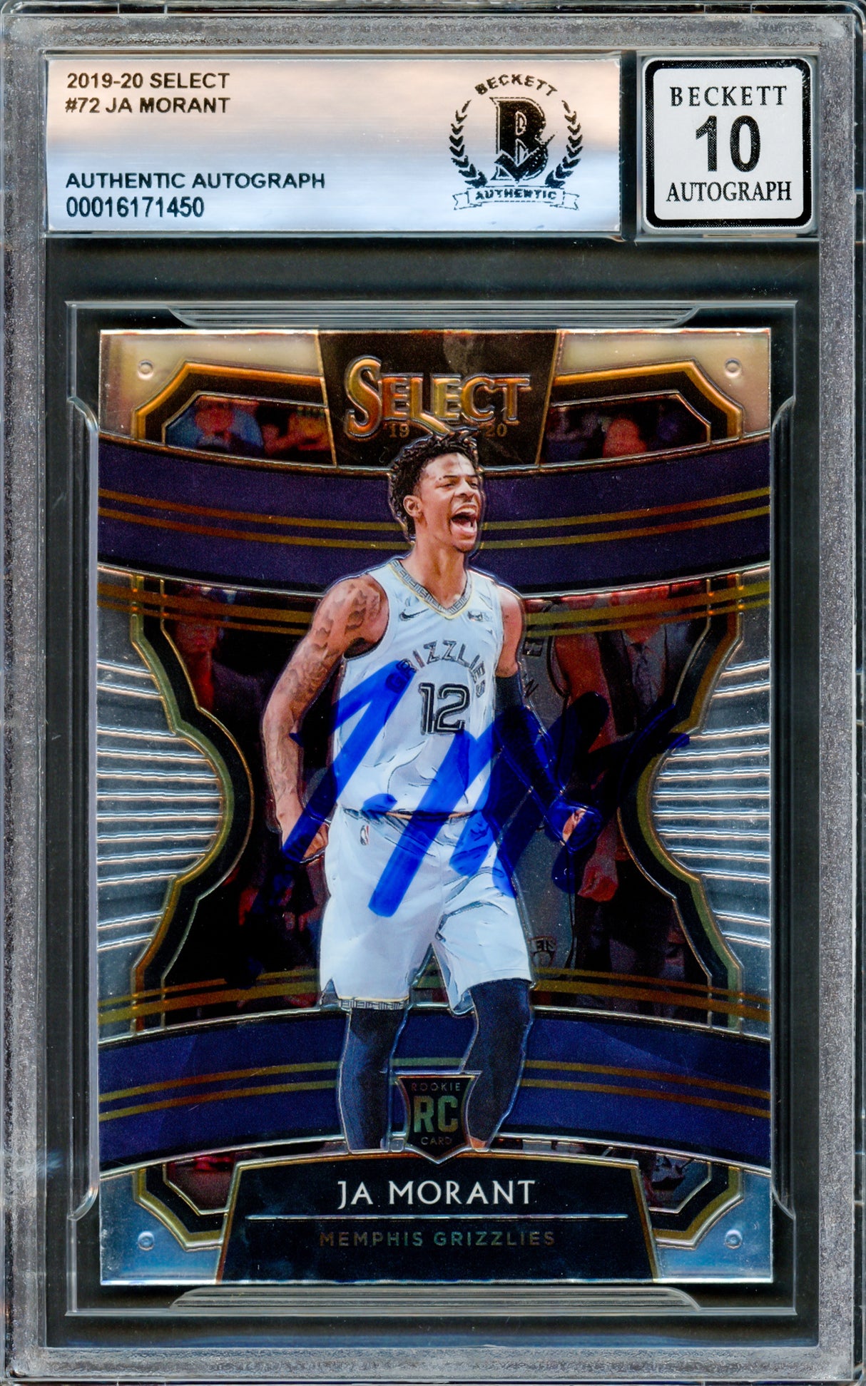 Ja Morant Autographed 2019-20 Panini Select Rookie Card #72 Memphis Grizzlies Auto Grade Gem Mint 10 Beckett BAS Stock #220783