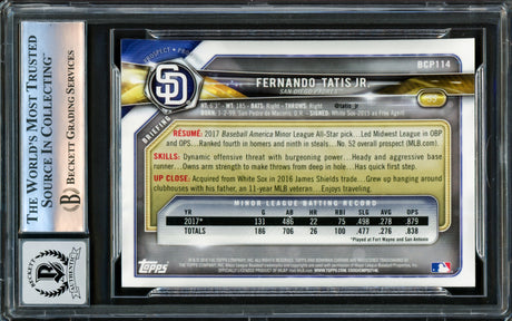 Fernando Tatis Jr. Autographed 2018 Bowman Chrome Prospects Card #BCP114 San Diego Padres Auto Grade Gem Mint 10 Beckett BAS Stock #220804