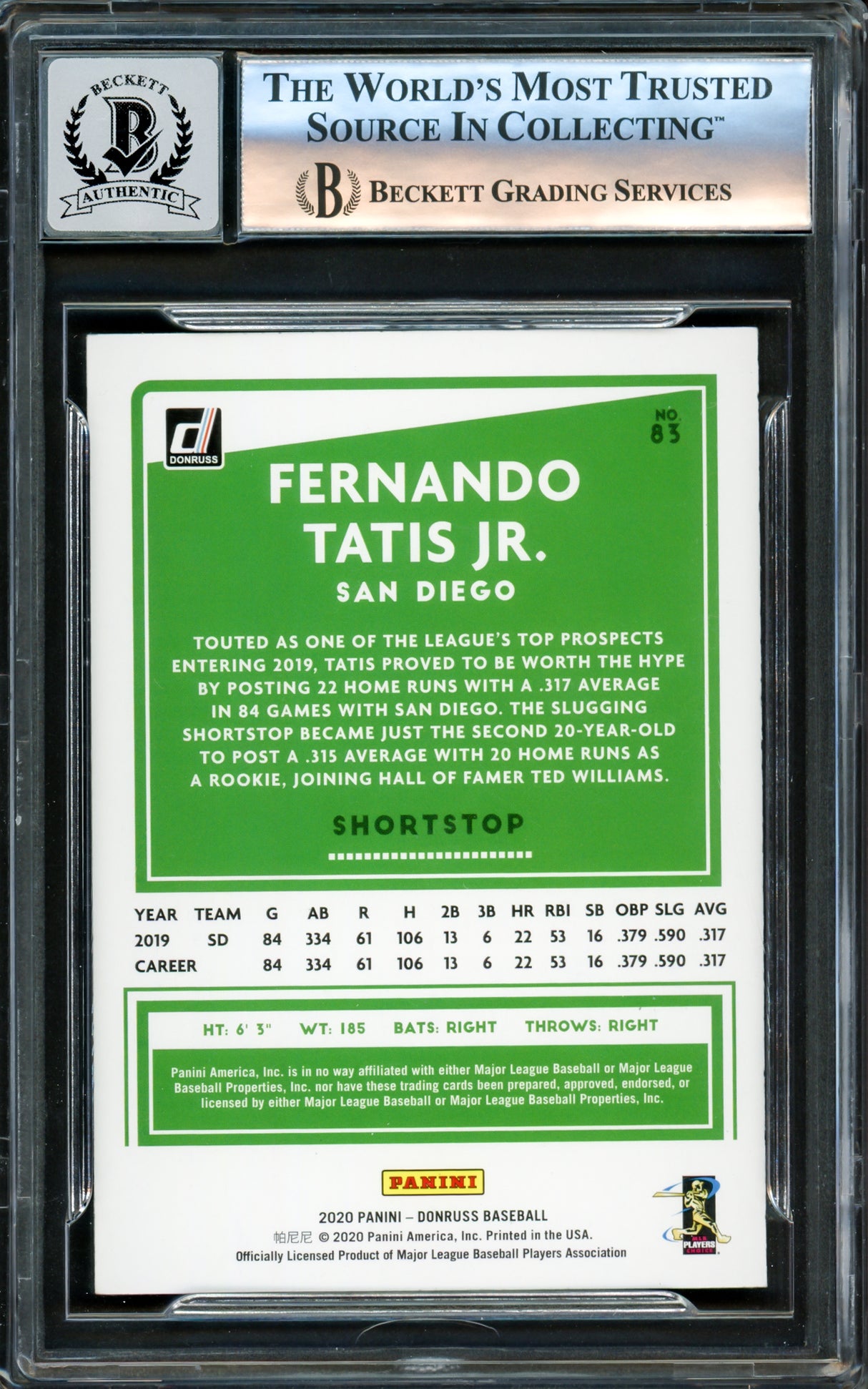 Fernando Tatis Jr. Autographed 2020 Donruss Card #83 San Diego Padres Auto Grade Gem Mint 10 Beckett BAS Stock #220808