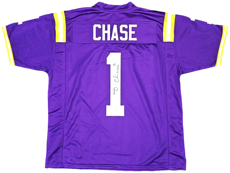 LSU Tigers Ja'Marr Chase Autographed Purple Jersey Beckett BAS Witness Stock #220609