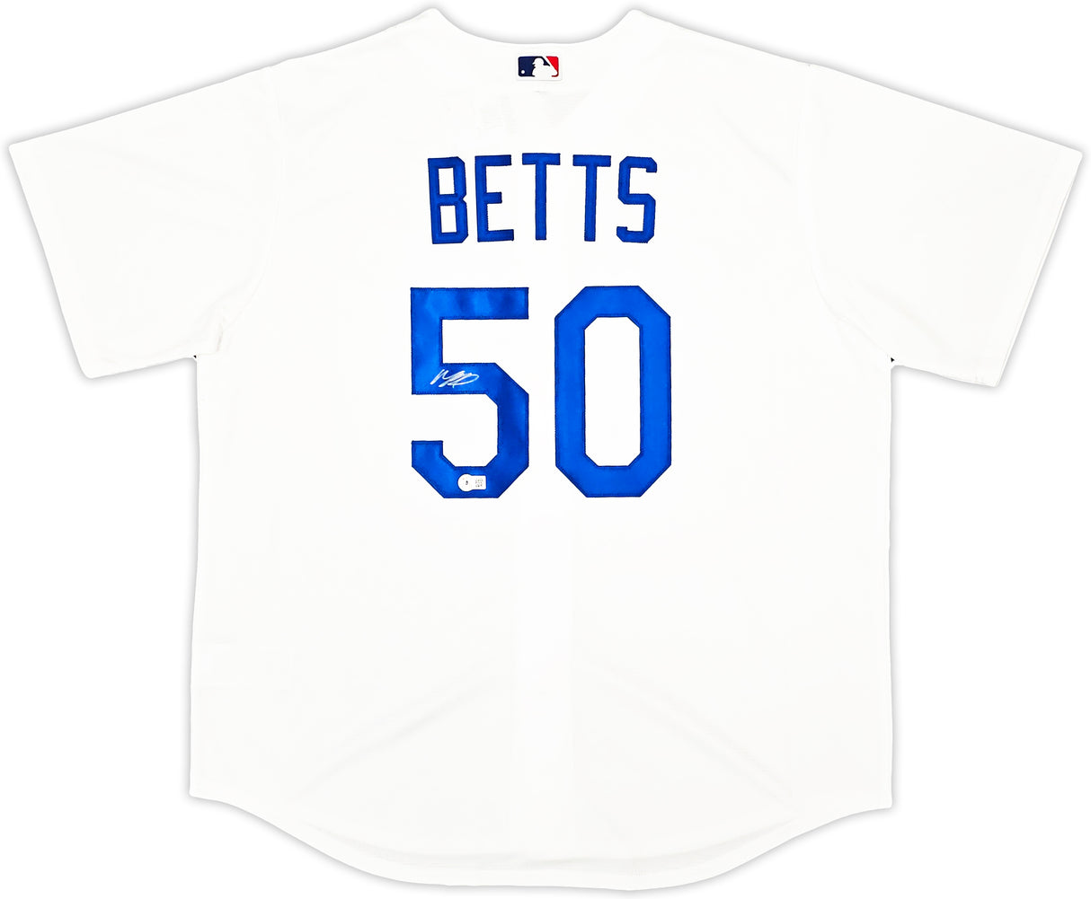 Los Angeles Dodgers Mookie Betts Autographed White Nike Jersey Size XL Beckett BAS QR Stock #220613