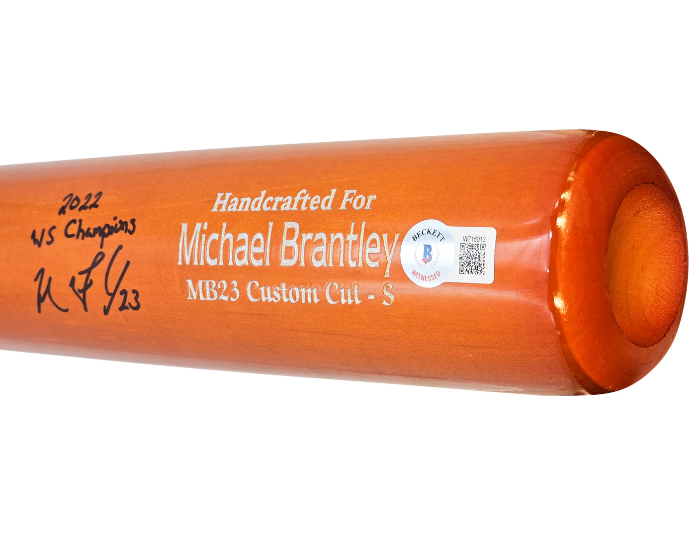 Michael Brantley Autographed Orange Marucci Player Model Bat Houston Astros "2022 WS Champions" Beckett BAS Witness Stock #220445