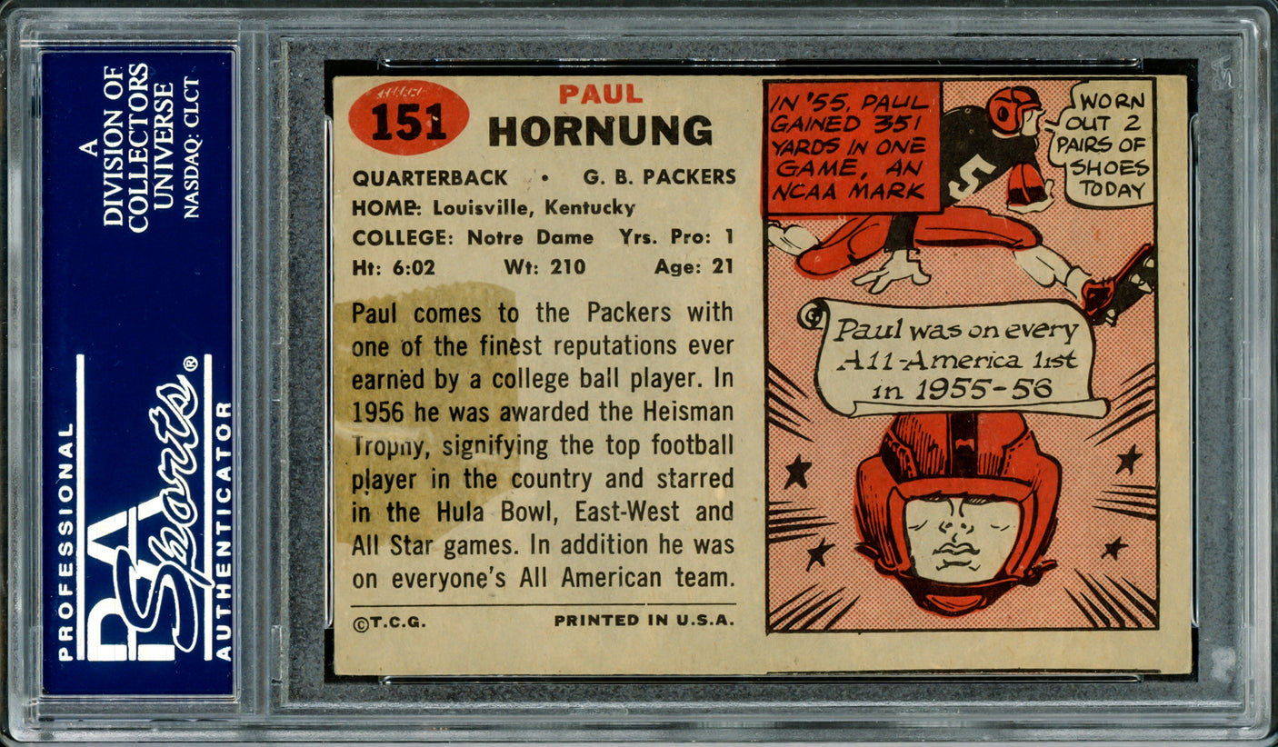 Paul Hornung Autographed 1957 Topps Rookie Card #151 Green Bay Packers PSA/DNA #83850033