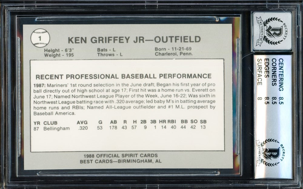 Ken Griffey Jr. Autographed 1988 San Bernardino Spirit Best Rookie Card #1 Seattle Mariners BGS 8.5 Auto Grade Gem Mint 10 Beckett BAS #14727322