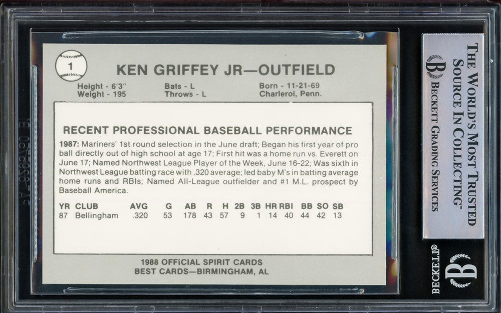 Ken Griffey Jr. Autographed 1988 San Bernardino Spirit Best Rookie Card #1 Seattle Mariners Beckett BAS Stock #209244