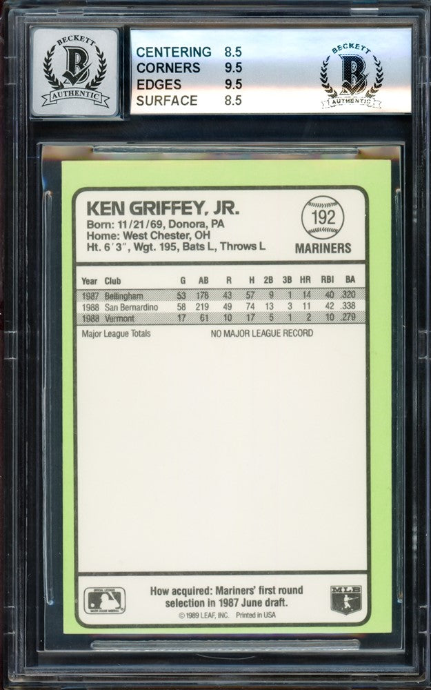 Ken Griffey Jr. Autographed 1989 Donruss Rookie Card #192 Seattle Mariners BGS 8.5 Auto Grade Gem Mint 10 Beckett BAS Stock #209268