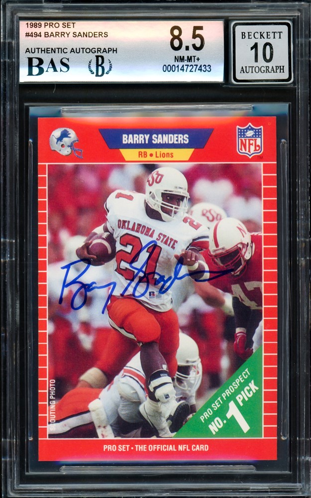 Barry Sanders Autographed 1989 Pro Set Rookie Card #494 Detroit Lions BGS 8.5 Auto Grade Gem Mint 10 Beckett BAS Stock #209303