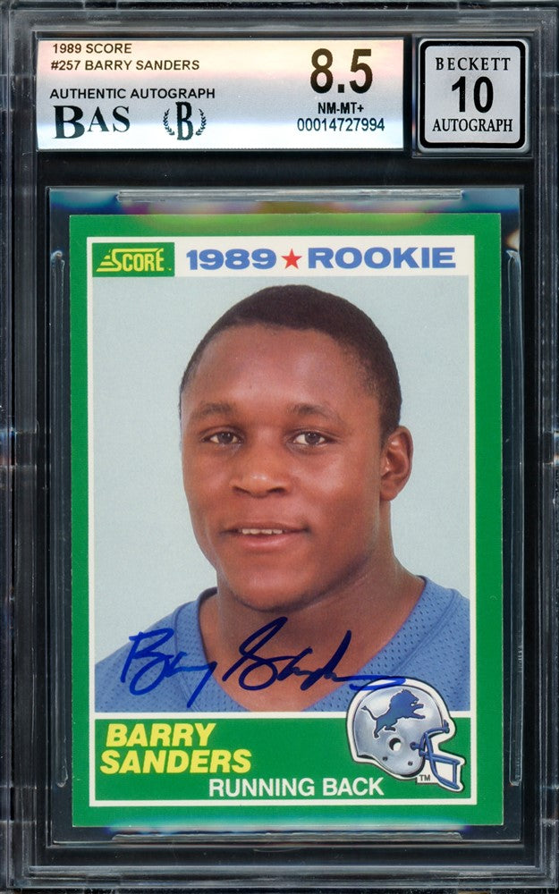 Barry Sanders Autographed 1989 Score Rookie Card #257 Detroit Lions BGS 8.5 Auto Grade Gem Mint 10 Beckett BAS Stock #209308